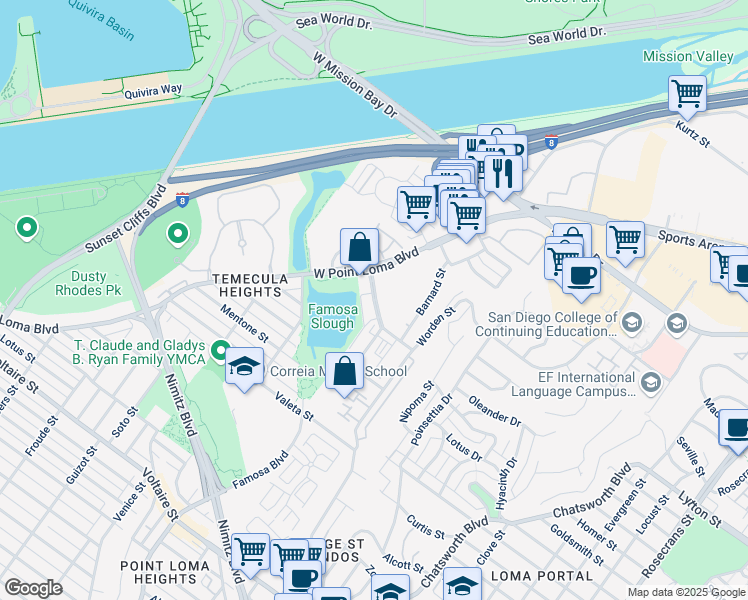 map of restaurants, bars, coffee shops, grocery stores, and more near 2946 Adrian Street in San Diego