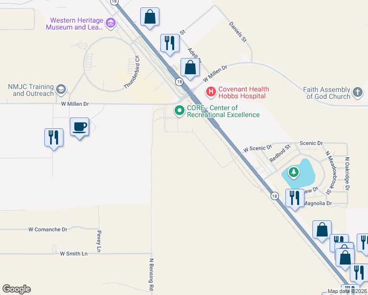 map of restaurants, bars, coffee shops, grocery stores, and more near 4827 North Lovington Highway in Hobbs