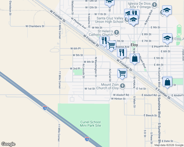 map of restaurants, bars, coffee shops, grocery stores, and more near 413 West 2nd Place in Eloy