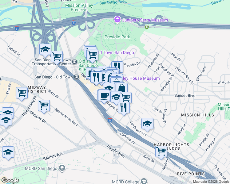 map of restaurants, bars, coffee shops, grocery stores, and more near 3967 Arista Street in San Diego