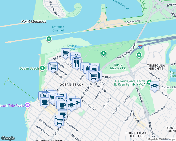 map of restaurants, bars, coffee shops, grocery stores, and more near 4896 Voltaire Street in San Diego