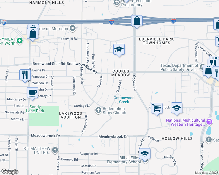 map of restaurants, bars, coffee shops, grocery stores, and more near 1901 Bay Oaks Court in Fort Worth