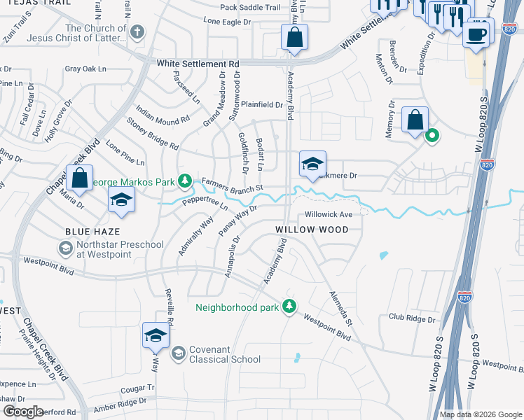 map of restaurants, bars, coffee shops, grocery stores, and more near 517 Annapolis Drive in Fort Worth