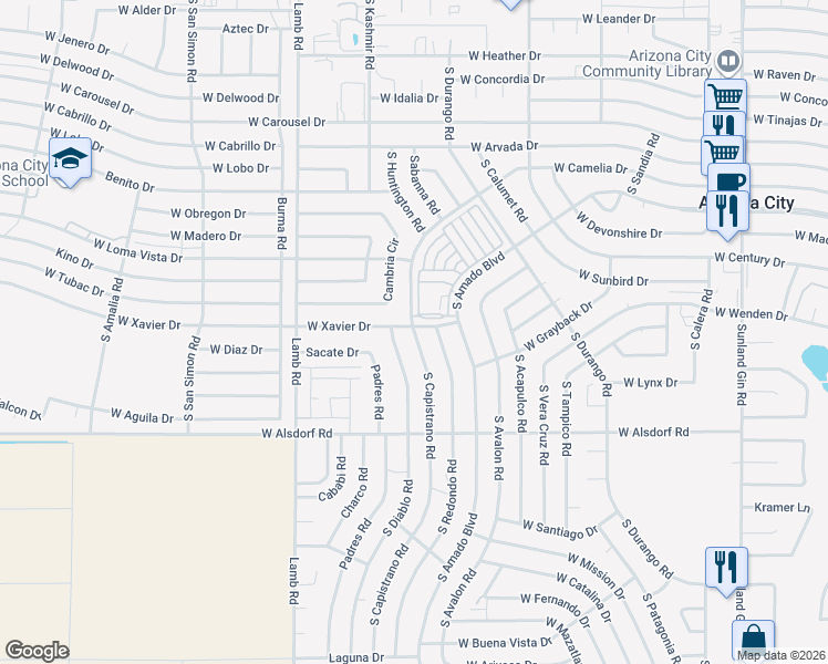 map of restaurants, bars, coffee shops, grocery stores, and more near 13535 South Capistrano Road in Arizona City