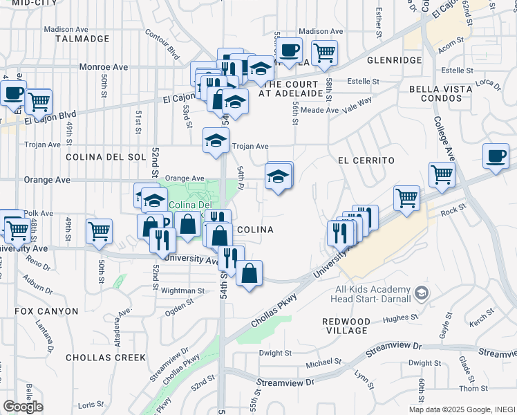 map of restaurants, bars, coffee shops, grocery stores, and more near 5455 Mandarin Cove in San Diego