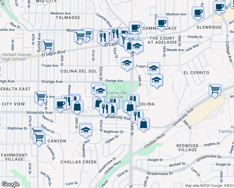 map of restaurants, bars, coffee shops, grocery stores, and more near 5319 Orange Avenue in San Diego