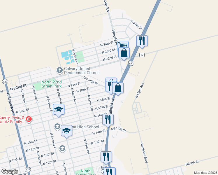 map of restaurants, bars, coffee shops, grocery stores, and more near 105 North 19th Street in Lamesa