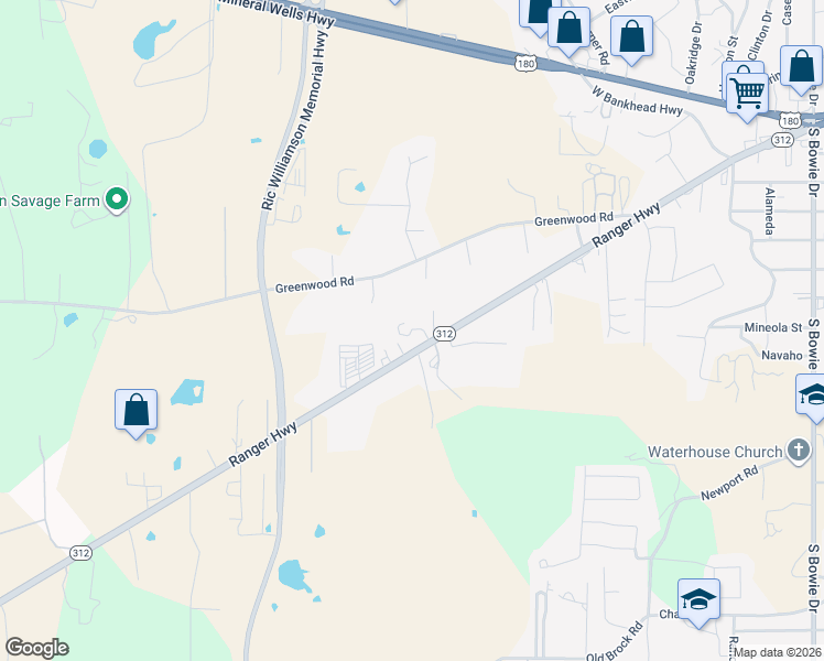 map of restaurants, bars, coffee shops, grocery stores, and more near 1540 Ranger Highway in Weatherford