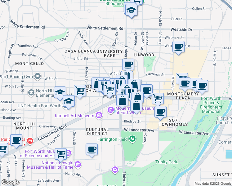 map of restaurants, bars, coffee shops, grocery stores, and more near 3100 West 7th Street in Fort Worth