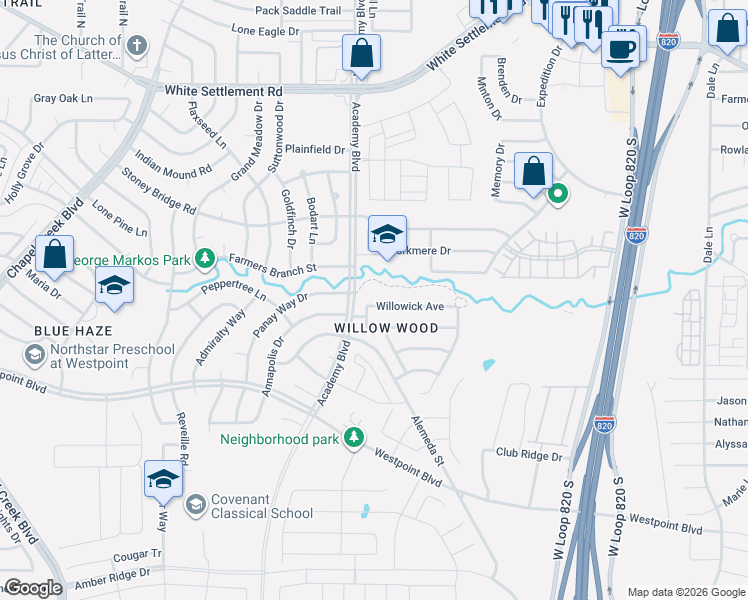 map of restaurants, bars, coffee shops, grocery stores, and more near 9868 Autumn Sage Drive in Fort Worth