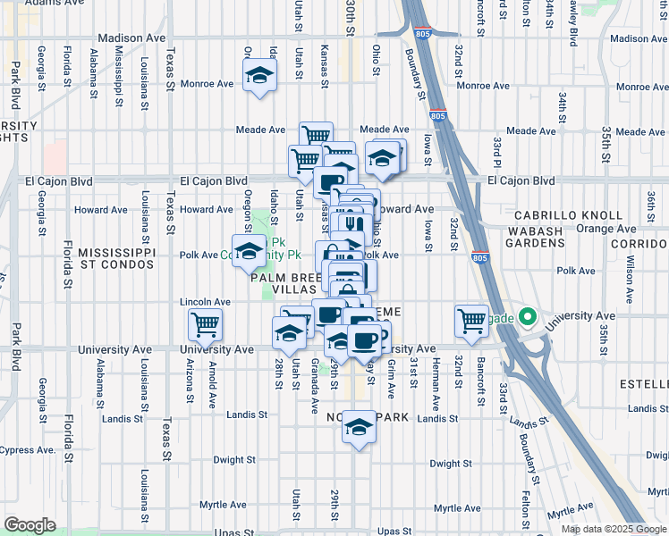 map of restaurants, bars, coffee shops, grocery stores, and more near 4073 Kansas Street in San Diego