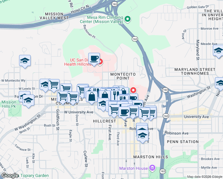 map of restaurants, bars, coffee shops, grocery stores, and more near 4057 1st Avenue in San Diego