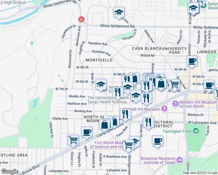 map of restaurants, bars, coffee shops, grocery stores, and more near 3720 Modlin Avenue in Fort Worth