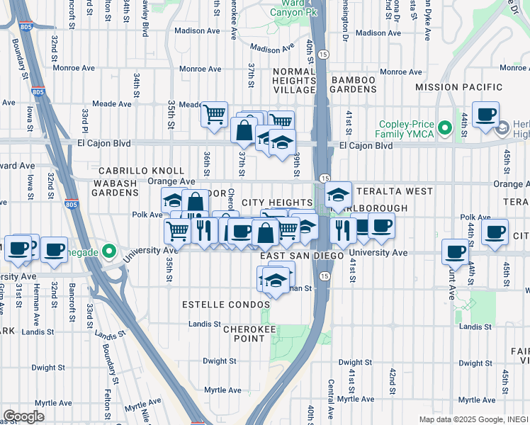map of restaurants, bars, coffee shops, grocery stores, and more near 3730 Polk Avenue in San Diego