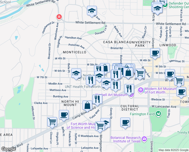 map of restaurants, bars, coffee shops, grocery stores, and more near 3620 Modlin Avenue in Fort Worth