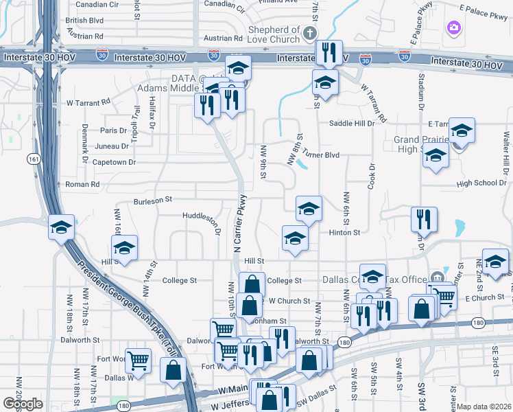 map of restaurants, bars, coffee shops, grocery stores, and more near 834 Valley View Drive in Grand Prairie