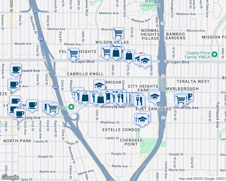 map of restaurants, bars, coffee shops, grocery stores, and more near 4104 36th Street in San Diego