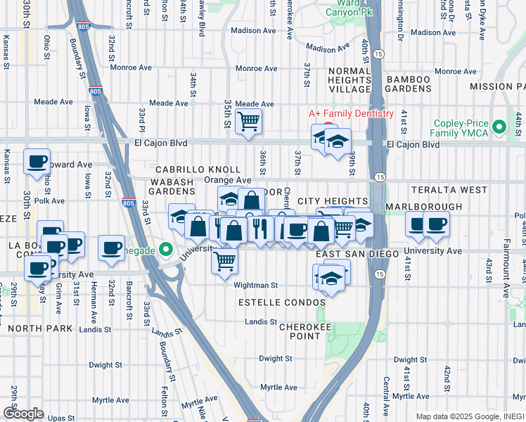 map of restaurants, bars, coffee shops, grocery stores, and more near 4104 36th Street in San Diego