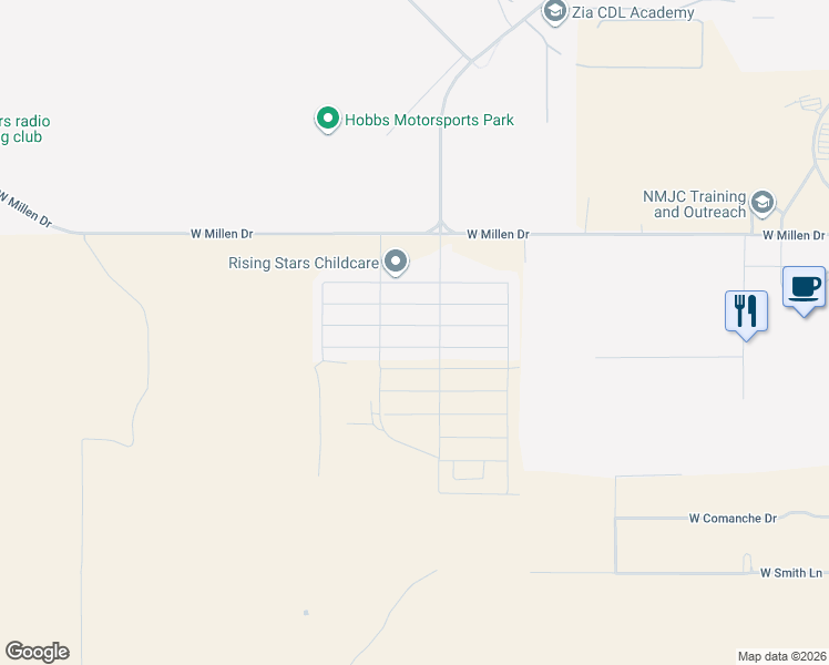 map of restaurants, bars, coffee shops, grocery stores, and more near West Millen Drive in Hobbs