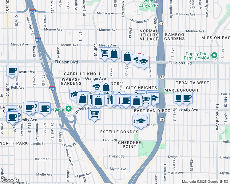 map of restaurants, bars, coffee shops, grocery stores, and more near 3612 Polk Avenue in San Diego