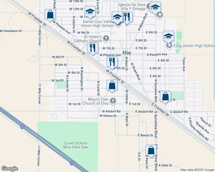 map of restaurants, bars, coffee shops, grocery stores, and more near 208 North Myers Boulevard in Eloy