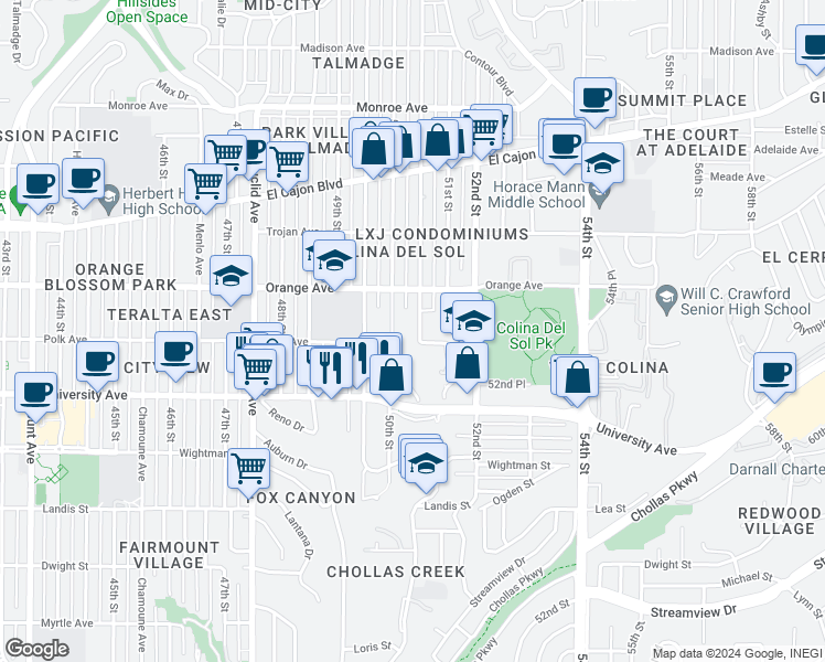 map of restaurants, bars, coffee shops, grocery stores, and more near 5063 Polk Avenue in San Diego