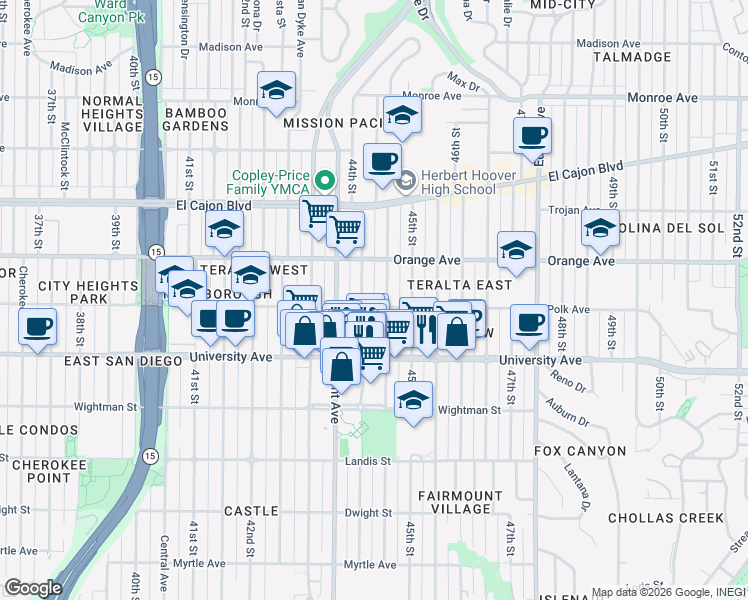 map of restaurants, bars, coffee shops, grocery stores, and more near 4076 Highland Avenue in San Diego