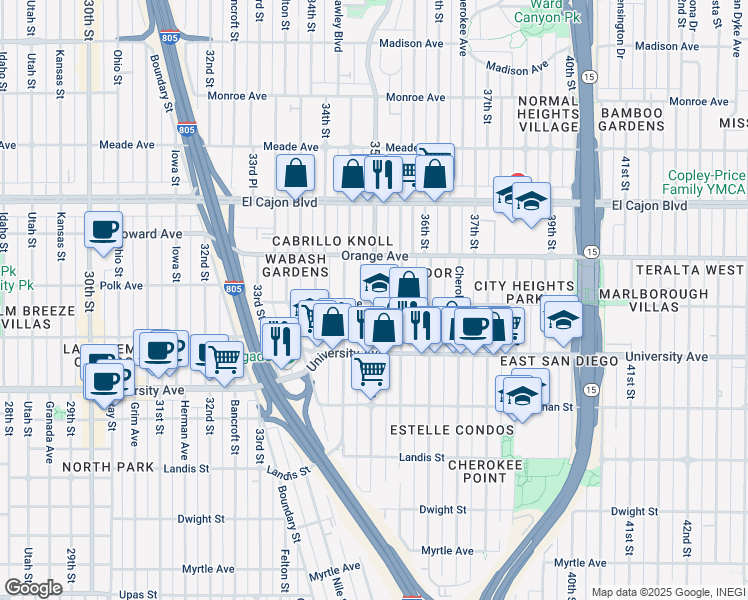 map of restaurants, bars, coffee shops, grocery stores, and more near 4064 35th Street in San Diego