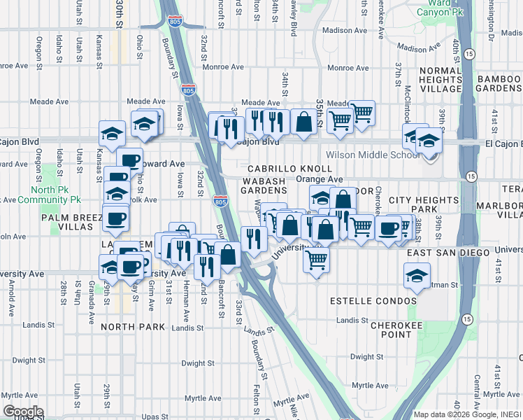 map of restaurants, bars, coffee shops, grocery stores, and more near 4048 Wabash Avenue in San Diego