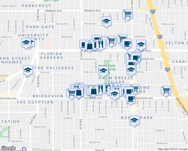map of restaurants, bars, coffee shops, grocery stores, and more near 4034 Hamilton Street in San Diego