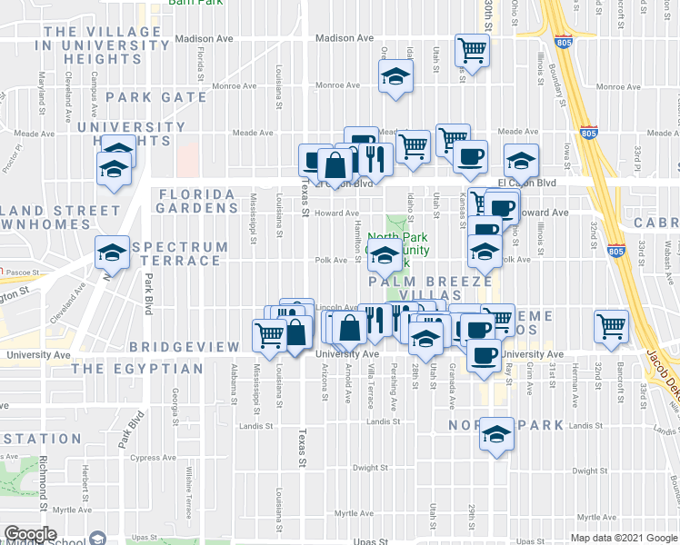map of restaurants, bars, coffee shops, grocery stores, and more near 4034 Hamilton Street in San Diego