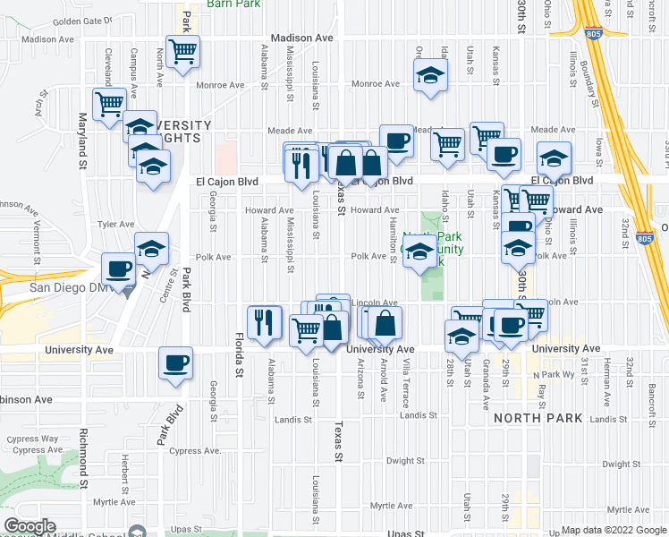 map of restaurants, bars, coffee shops, grocery stores, and more near 4033 Louisiana Street in San Diego
