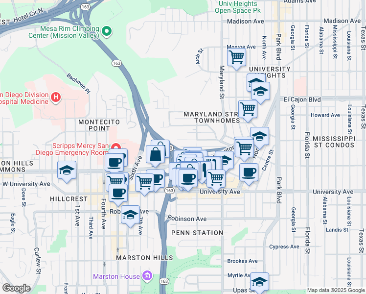 map of restaurants, bars, coffee shops, grocery stores, and more near 1068 Pascoe Street in San Diego