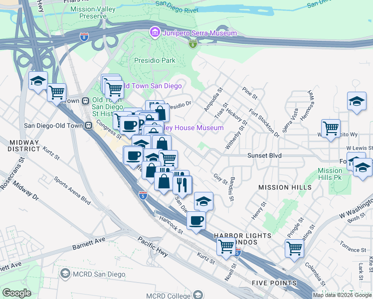 map of restaurants, bars, coffee shops, grocery stores, and more near 2288 San Juan Road in San Diego