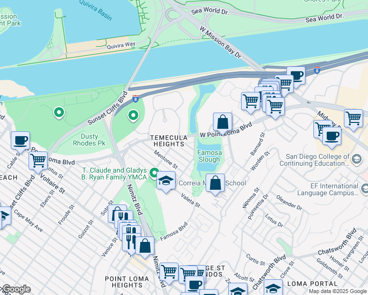 map of restaurants, bars, coffee shops, grocery stores, and more near 4359 Temecula Street in San Diego