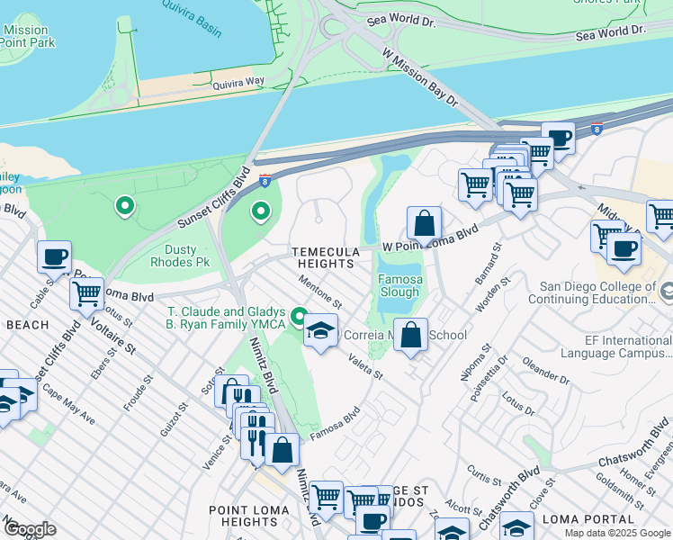 map of restaurants, bars, coffee shops, grocery stores, and more near 4359 Temecula Street in San Diego
