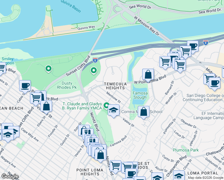 map of restaurants, bars, coffee shops, grocery stores, and more near 4411 Mentone Street in San Diego