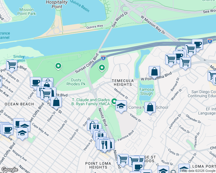 map of restaurants, bars, coffee shops, grocery stores, and more near 4453 Montalvo Street in San Diego