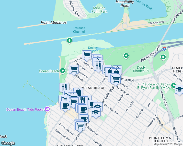 map of restaurants, bars, coffee shops, grocery stores, and more near 2136 Bacon Street in San Diego