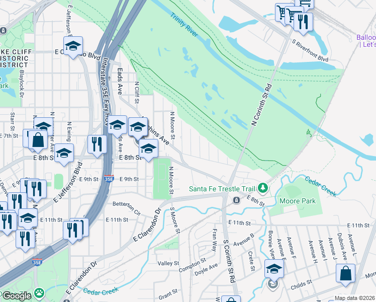 map of restaurants, bars, coffee shops, grocery stores, and more near 1614 Canyon Street in Dallas