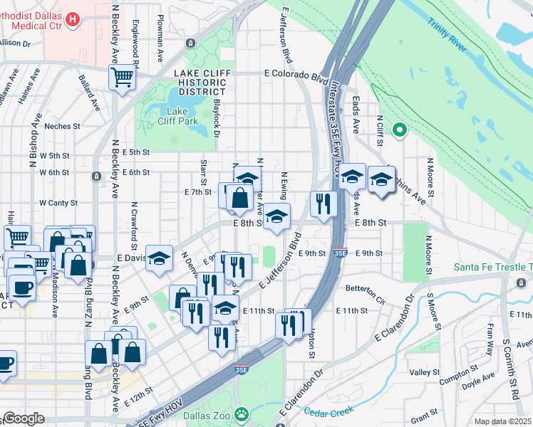 map of restaurants, bars, coffee shops, grocery stores, and more near 612-698 E 8th St in Dallas