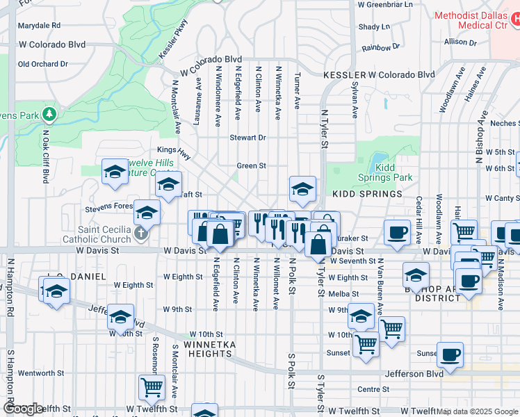 map of restaurants, bars, coffee shops, grocery stores, and more near 641 North Winnetka Avenue in Dallas
