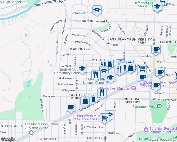 map of restaurants, bars, coffee shops, grocery stores, and more near 3720 Modlin Avenue in Fort Worth