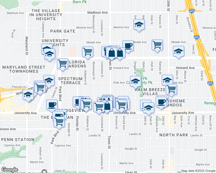 map of restaurants, bars, coffee shops, grocery stores, and more near 4070 Texas Street in San Diego