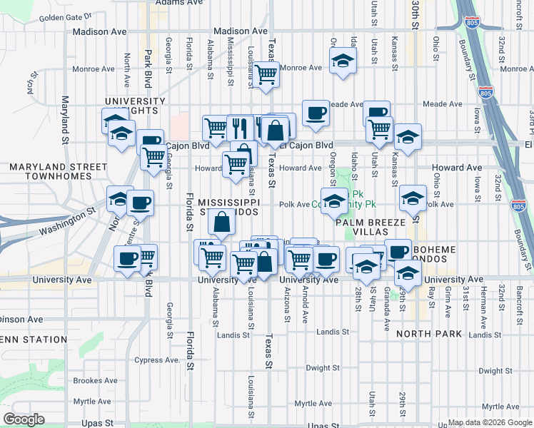 map of restaurants, bars, coffee shops, grocery stores, and more near 4070 Texas Street in San Diego