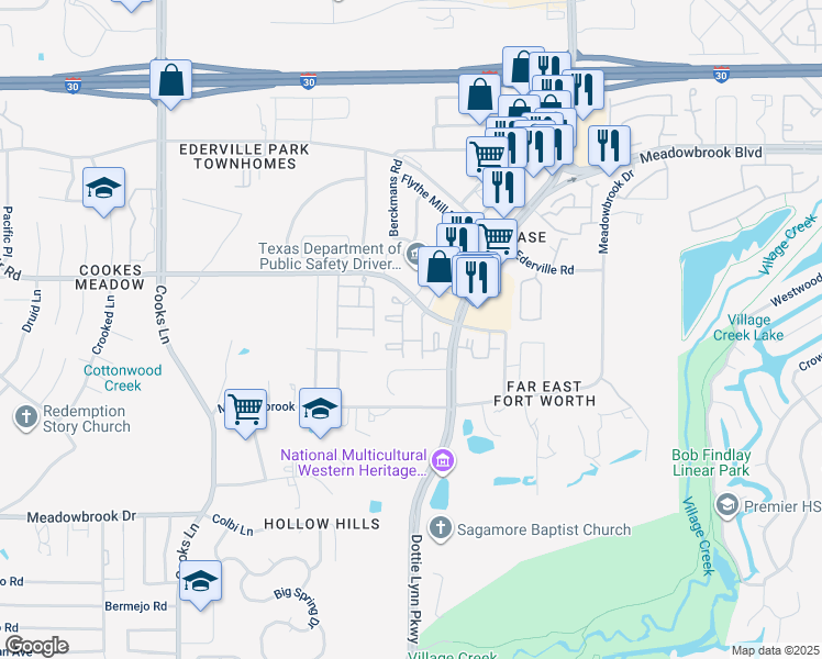 map of restaurants, bars, coffee shops, grocery stores, and more near 8300 Brentwood Stair Road in Fort Worth