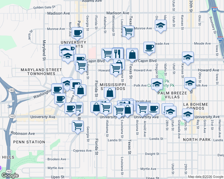 map of restaurants, bars, coffee shops, grocery stores, and more near 4080 Mississippi Street in San Diego