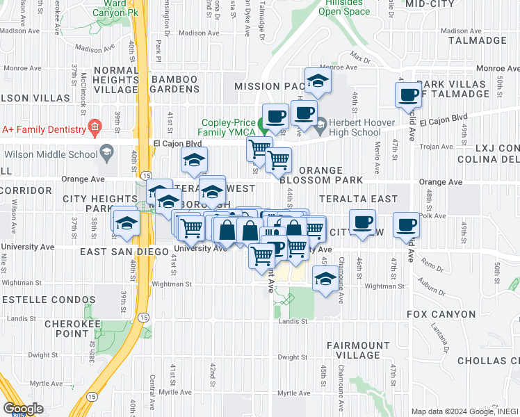 map of restaurants, bars, coffee shops, grocery stores, and more near 4113 43rd Street in San Diego