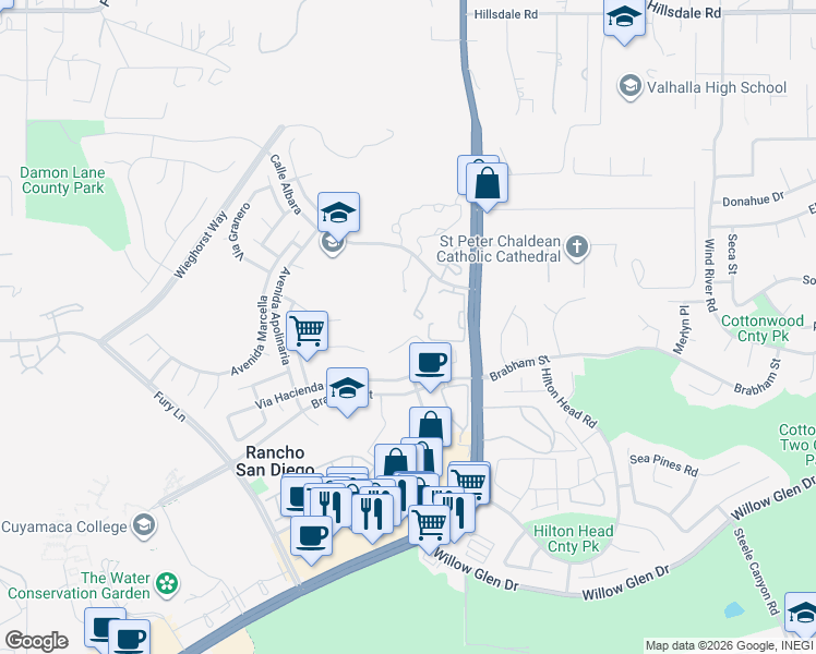 map of restaurants, bars, coffee shops, grocery stores, and more near 11726 Monte View Court in El Cajon