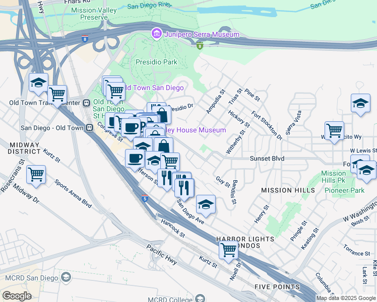 map of restaurants, bars, coffee shops, grocery stores, and more near 2604 San Juan Road in San Diego